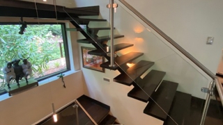 6W25 I-Beam and Mahogany Slab Stairs with Stainless Steel and Glass Handrails